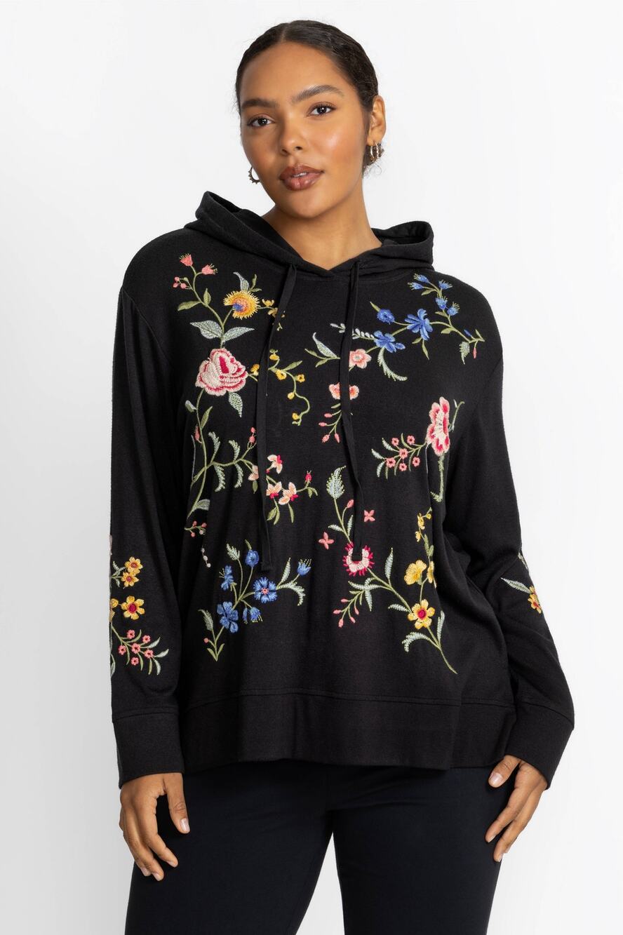 JOHNNY WAS COZY HOODED SWEATSHIRT TUNIC Sophie Hoodie Floral Embroidered Size XS